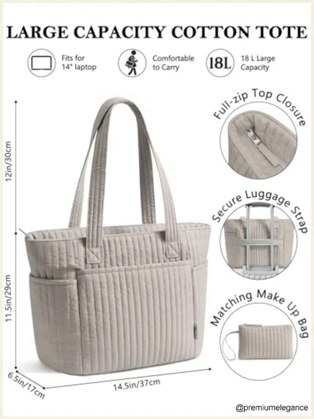 Quilted Cotton Tote Bag with Laptop Sleeve and 40oz Tumbler Holder